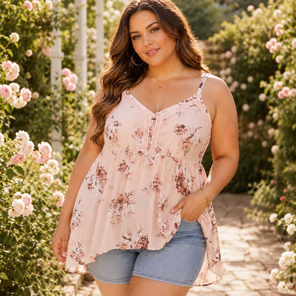 Floral Babydoll Tank Top Plus Size 2X Lace Trim Smocked Cottagecore Romantic